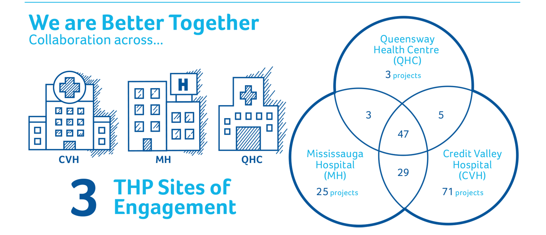 3 Sites of Engagement: Mississauga Hospital: 25 Projects, Credit Valley Hospital: 71 projects, Queensway Health Centre: 3 Projects.