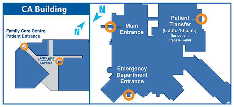 map of Mississsauga Hospital entrances