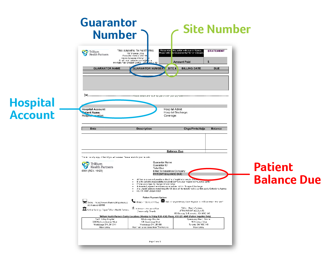 GUARANTOR NUMBER – appears in first row, just below hospital address; SITE # is next number on the right; Hospital Account – appears just below the detach line, and above Patient Name; PATIENT BALANCE DUE – this dollar amount appears near end of invoice, above bullet list and footer.
